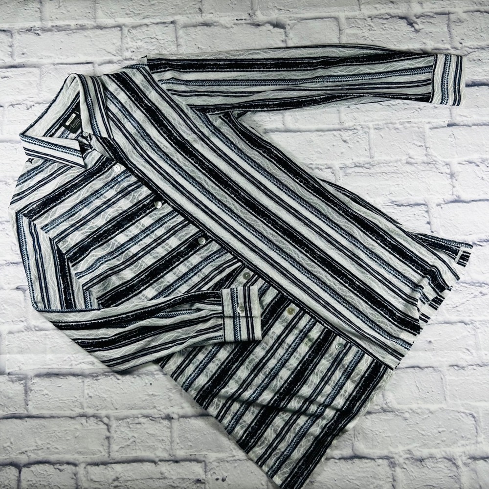 Chicos Travelers Womens White Blue Striped Sheer Long Sleeve Button Up Shirt 0 S